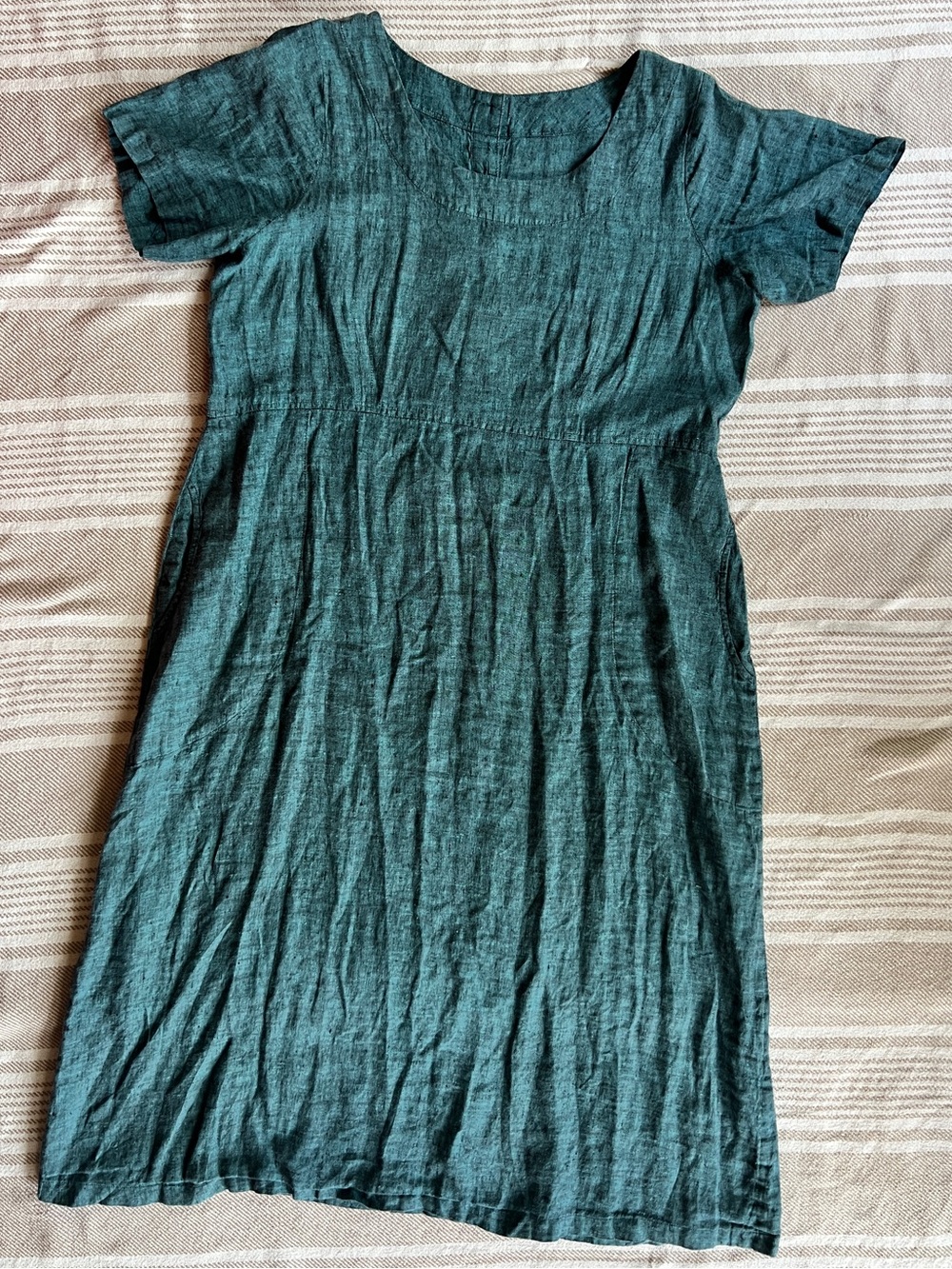 Women’s XL BEAUTIFUL Short-Sleeve Teal Linen Blend Dress pockets! Robin egg blue